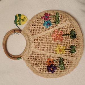 Vintage Straw Embroidered Purse with Bamboo Handles
